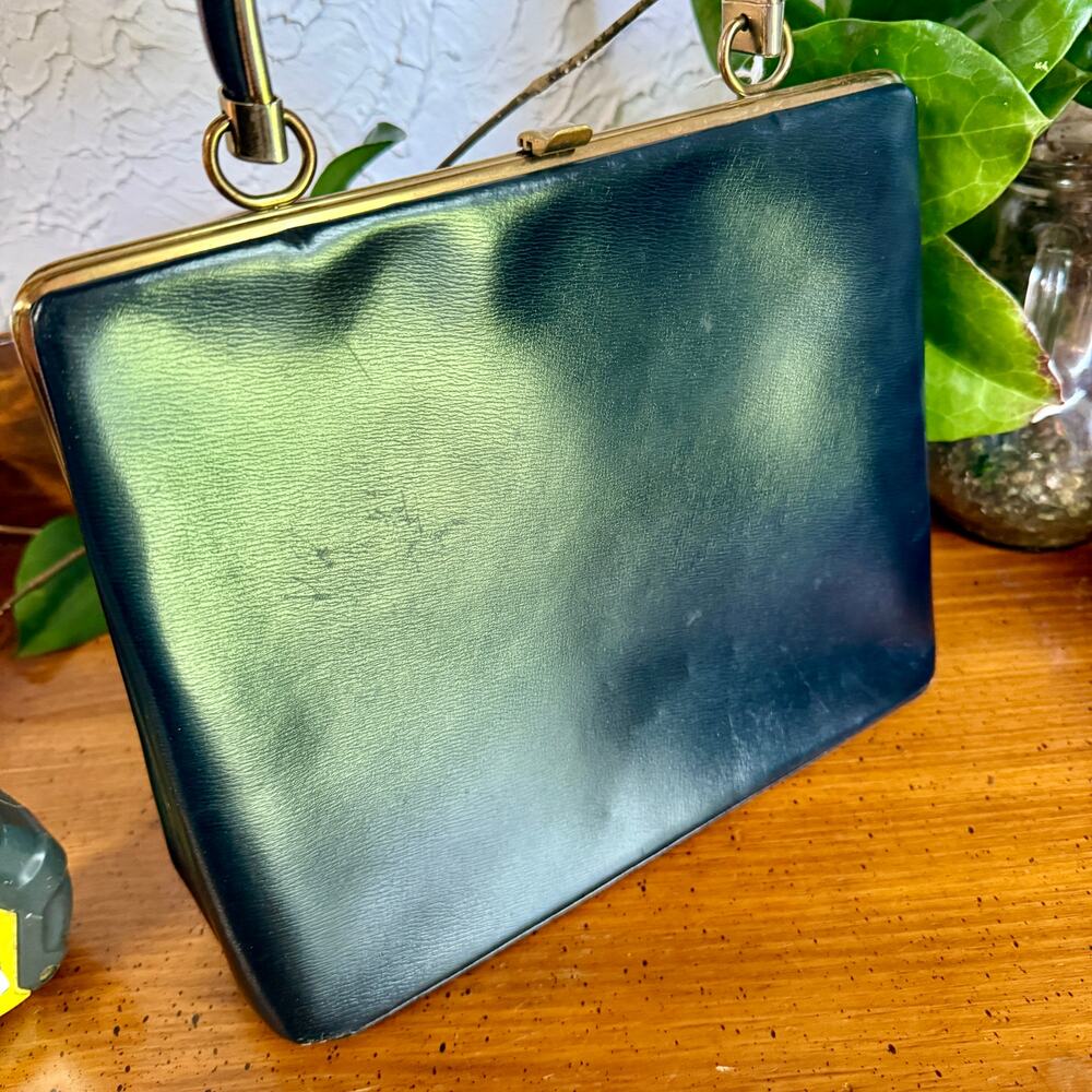Vintage Black Structured Handbag Gold Frame Top Handle Purse 50s/60s Mod Kelly - Picture 5 of 9